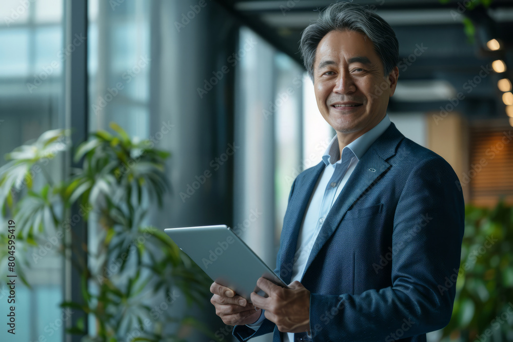 Middle-aged Japanese CEO executive businessman looking aside while holding a digital tablet. A mature smiling professional entrepreneur investor contemplating finance trading strategy while standing Middle-aged Japanese CEO executive businessman looking aside while holding a digital tablet. A mature smiling professional entrepreneur investor contemplating finance trading strategy while standing