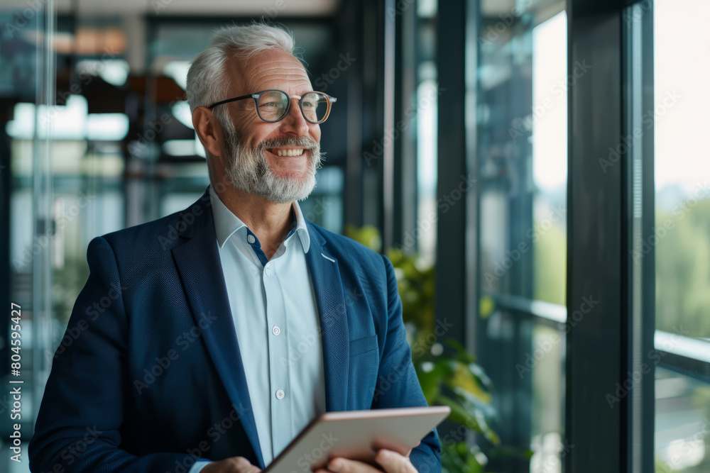 Fototapeta premium Middle-aged CEO executive businessman looking aside while holding a digital tablet. A mature smiling professional entrepreneur investor contemplating finance trading strategy while standing in the