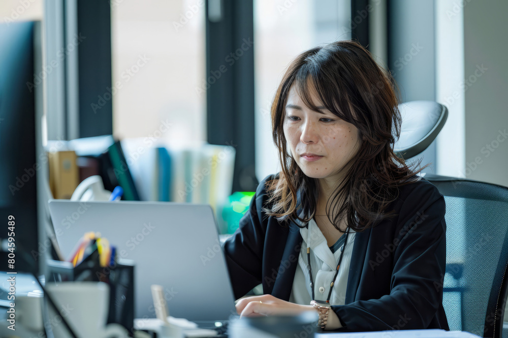 Seated at her office desk, a busy Japanese business woman is engrossed in her laptop. The professional businesswoman, a dedicated employee of the company, carefully examines the computer screen, Seated at her office desk, a busy Japanese business woman is engrossed in her laptop. The professional businesswoman, a dedicated employee of the company, carefully examines the computer screen,