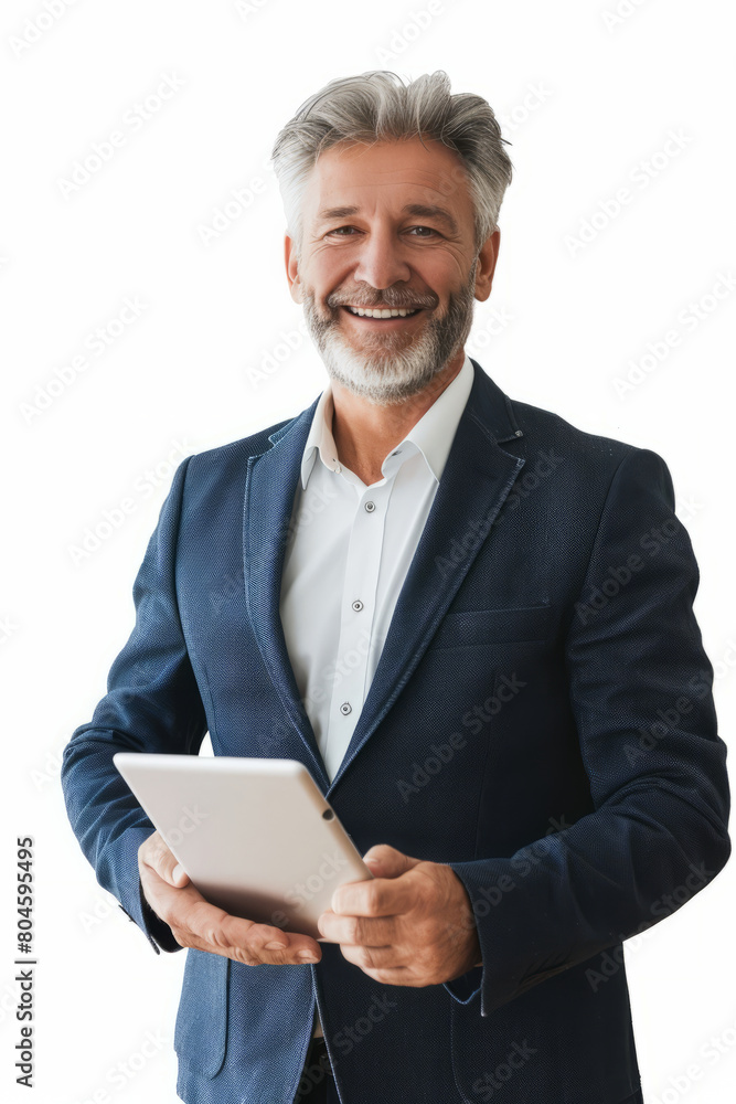 Smiling middle-aged businessman using a digital tablet, isolated on a white background. A mature CEO executive in a suit, a professional entrepreneur, looking at the camera. Smiling middle-aged businessman using a digital tablet, isolated on a white background. A mature CEO executive in a suit, a professional entrepreneur, looking at the camera.