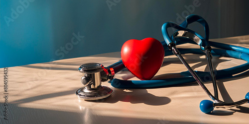 Heart and electrocardiogram on a blue and white background. Stethoscope and heart medical tools. Heart problems. Arrhythmias. Heart health wellness concept. AI generative. Health and care of people.