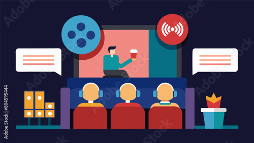 A cinema with opencaptioning and audio description options for individuals with hearing or visual impairments.. Vector illustration