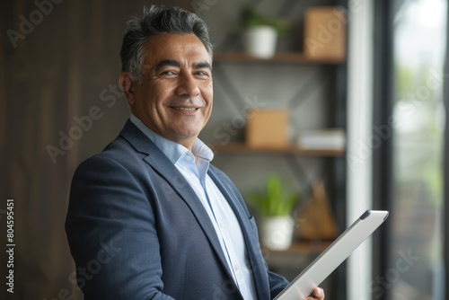 Middle-aged Latino CEO executive businessman looking aside while holding a digital tablet. A mature smiling professional entrepreneur investor contemplating finance trading strategy while standing in