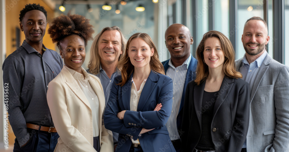 With a focus on diversity and collaboration, the office portrait features a group of young and senior professionals standing together, exemplifying the essence of teamwork, corporate success, and With a focus on diversity and collaboration, the office portrait features a group of young and senior professionals standing together, exemplifying the essence of teamwork, corporate success, and