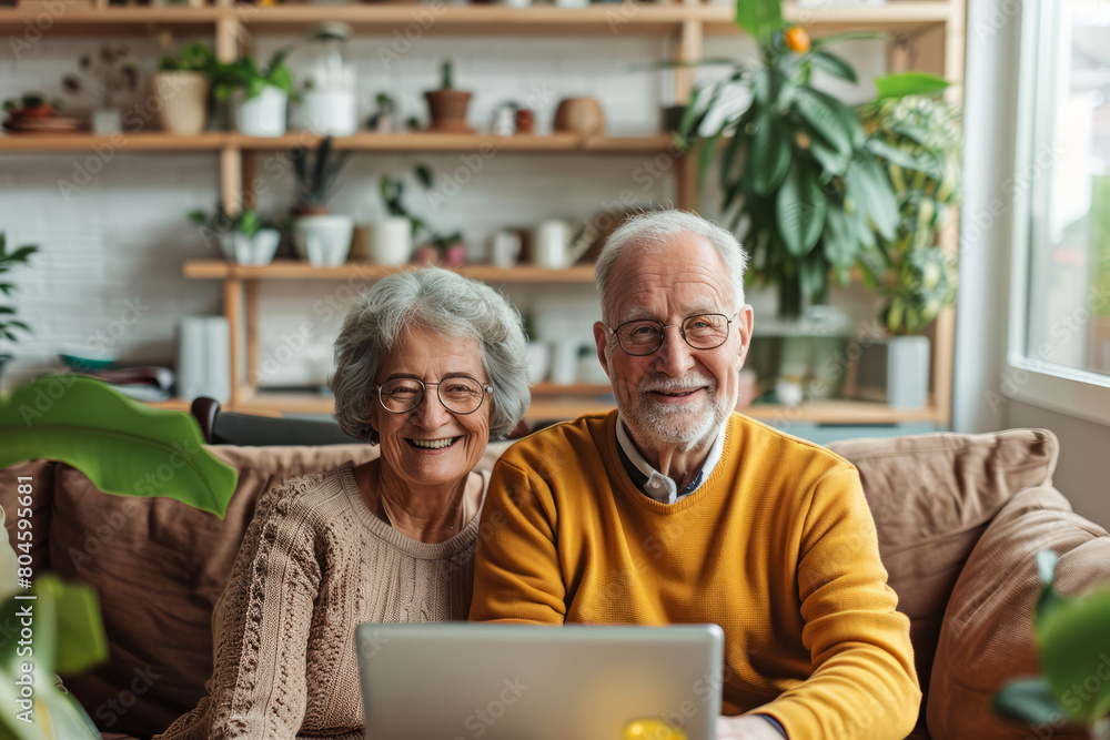 With beaming smiles, an elderly couple shares a joyful moment at home, both absorbed in their laptops, showcasing their mutual happiness, technological affinity, and close bond in their senior years. With beaming smiles, an elderly couple shares a joyful moment at home, both absorbed in their laptops, showcasing their mutual happiness, technological affinity, and close bond in their senior years.