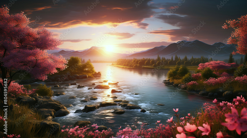 Springtime sunrise: Sunrise over spring landscape with blooming trees and flowering meadows. Springtime sunrise: Sunrise over spring landscape with blooming trees and flowering meadows.