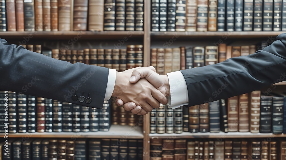 Illustrate From Above The Moment Two Attorneys Shake Hands Over A Signed Contract Surrounded By