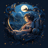 Cute little girl sleeping in the moonlight. Vector illustration.