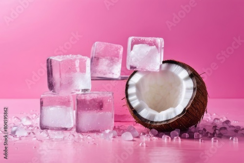 Coconuts and ice cubes on a pink background. Summer still life. Banner with copy space, place for text. 