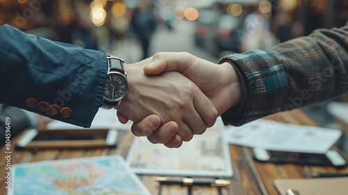 Visualize a top view close-up of retail business owners shaking hands over a table displaying detailed franchise agreements and maps showing location analytics, symbolizing the expansion. photo