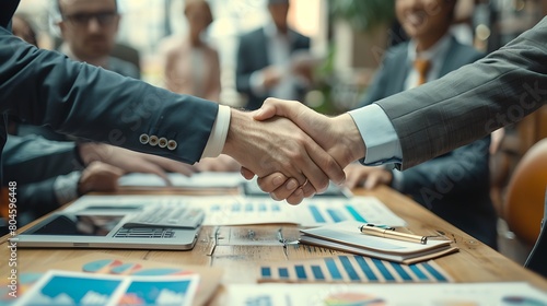 Visualize a top view close-up of sports agents and athletes shaking hands over a table strewn with contracts and colorful endorsement deal charts, symbolizing a pivotal moment in sports management. photo