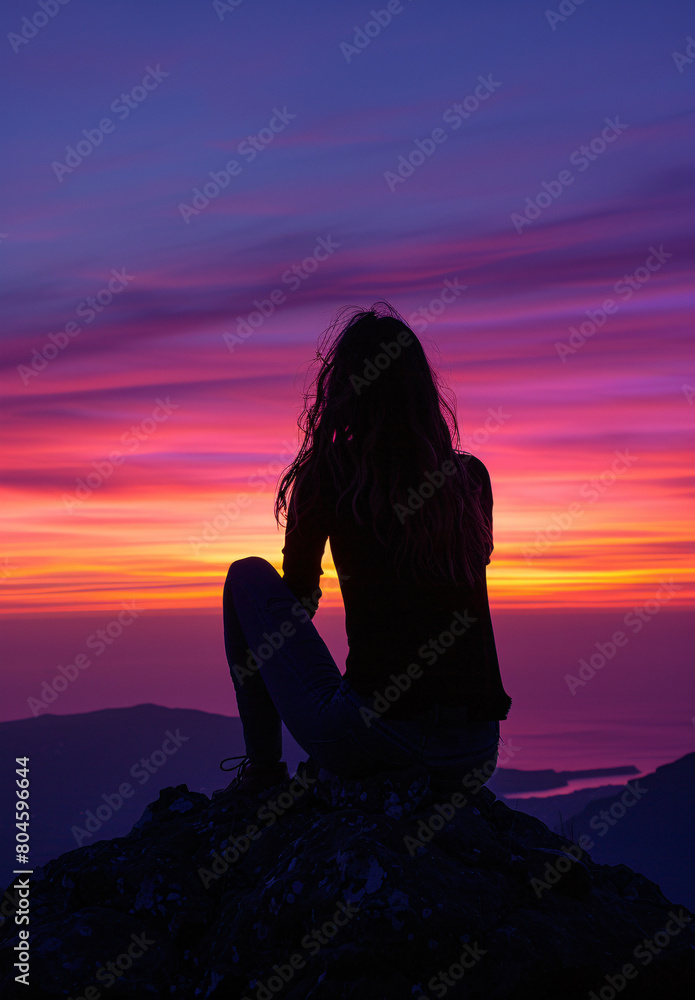silhouette of a woman in he sunset in Greece silhouette of a woman in he sunset in Greece