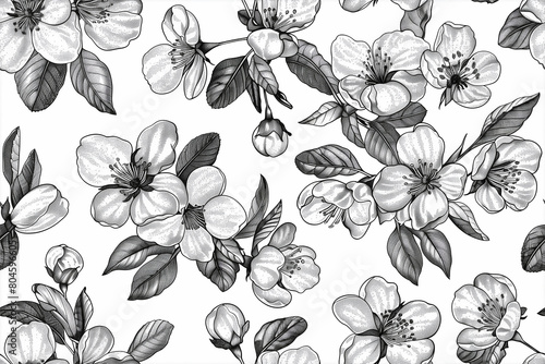 Monochrome seamless pattern with delicate apple blossom in old engraving style