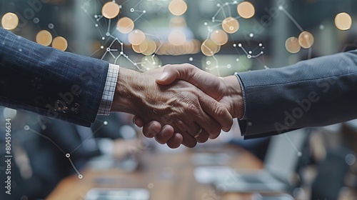 Visualize a top view close-up of telecommunications leaders shaking hands over a table displaying detailed network expansion blueprints and subscriber growth charts.