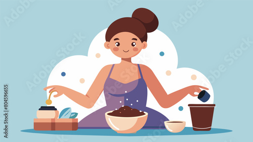 A woman using a homemade sugar and coffee scrub to gently exfoliate her body removing dead skin cells and leaving her skin smooth and radiant..
