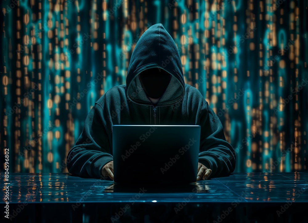 The hacker doing cyber attack in the mask is sitting at their computer, the computer screen shows code and data. Digital security cybercrime concept The hacker doing cyber attack in the mask is sitting at their computer, the computer screen shows code and data. Digital security cybercrime concept