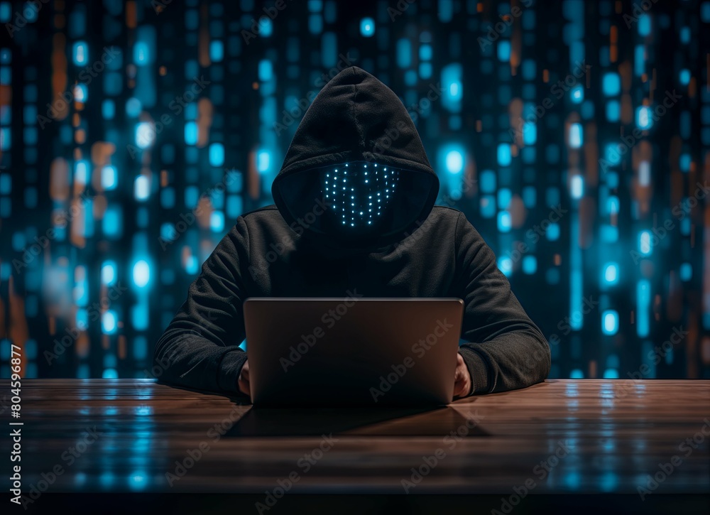 The hacker doing cyber attack in the mask is sitting at their computer, the computer screen shows code and data. Digital security cybercrime concept The hacker doing cyber attack in the mask is sitting at their computer, the computer screen shows code and data. Digital security cybercrime concept