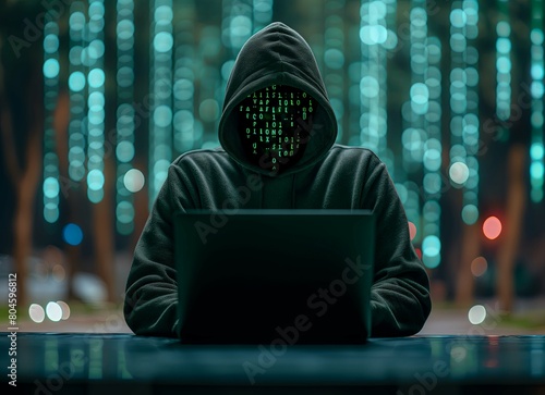 The hacker doing cyber attack in the mask is sitting at their computer, the computer screen shows code and data. Digital security cybercrime concept photo