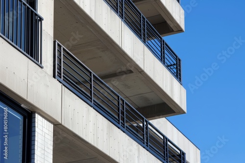 A closeup of the facade of an office building in San Francisco  featuring concrete panels and large balconies with black metal railings on each level Generative AI