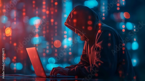 The hacker doing cyber attack in the mask is sitting at their computer, the computer screen shows code and data. Digital security cybercrime concept photo