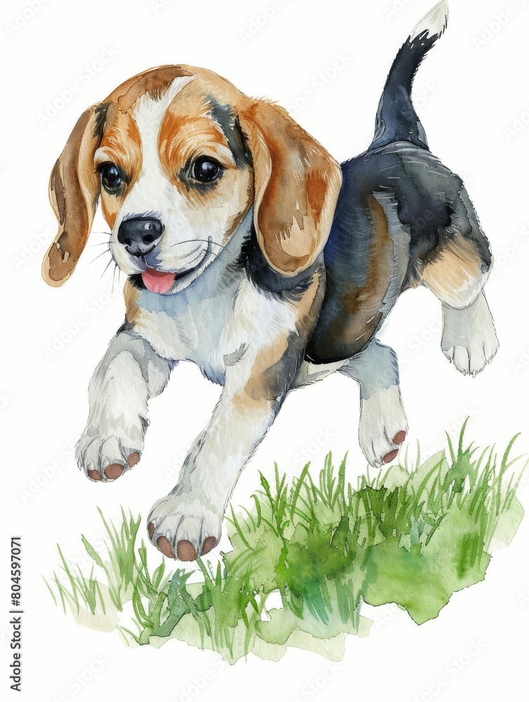 Watercolor clipart of a cheerful beagle puppy, playful, joyful, small, bounding across a grassy park concept, perfect for nursery, isolated on white background