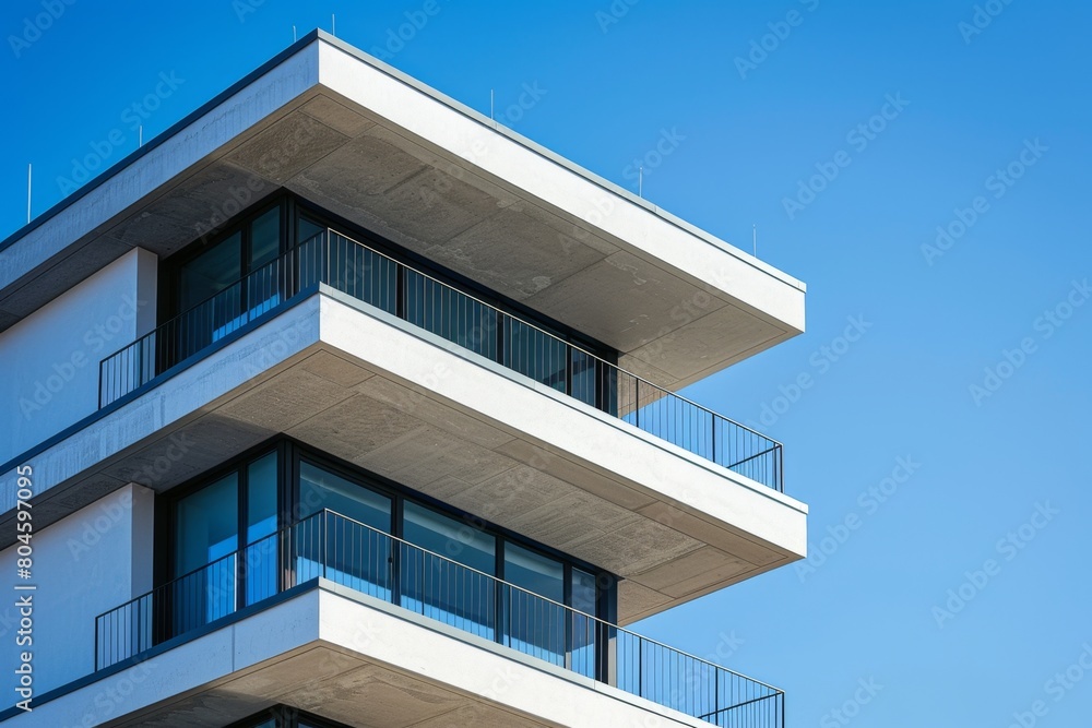A closeup photo of the facade of an office building in a modernist style, featuring clean lines and large balconies that reach up to three floors high Generative AI A closeup photo of the facade of an office building in a modernist style, featuring clean lines and large balconies that reach up to three floors high Generative AI
