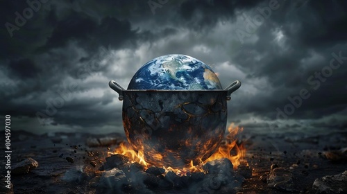 Photorealistic depiction of Earth simmering in a large pot over an open fire photo
