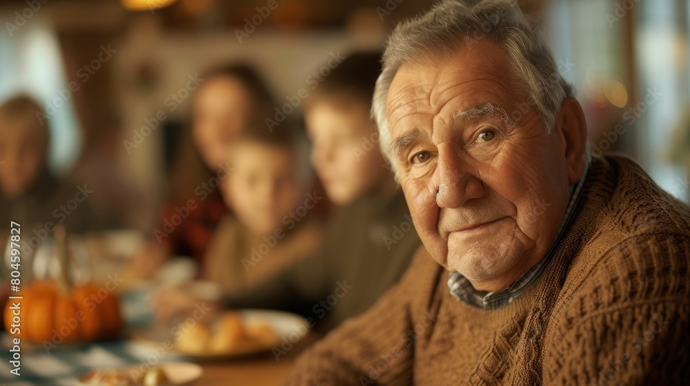 The close up picture of the family is eating the dinner together with enjoyment and happiness, the close up portrait of the grandfather eating the dinner with children and family by warm light. AIG43.