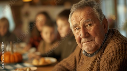The close up picture of the family is eating the dinner together with enjoyment and happiness  the close up portrait of the grandfather eating the dinner with children and family by warm light. AIG43.
