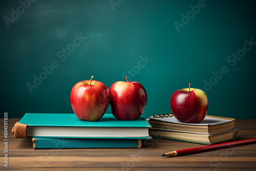 Pencil tray and an apple on notebooks on school teacher's desk.