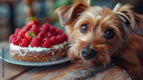 Cute yorkshire terrier with cake on table, closeup © taraskobryn