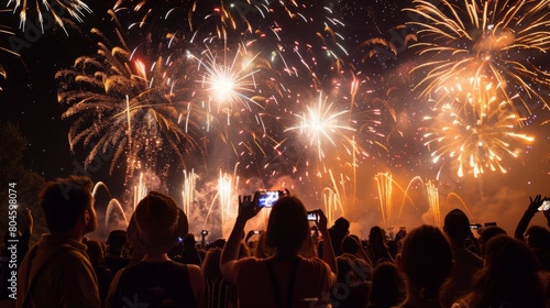 A large group of people standing together, looking up at the colorful fireworks exploding in the night sky.