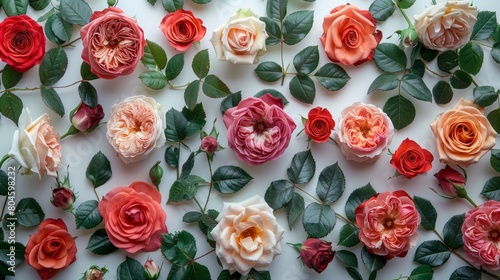A flat lay of assorted roses in an overhead view with soft leaves scattered across a white background. View of assorted roses in an overhead view.