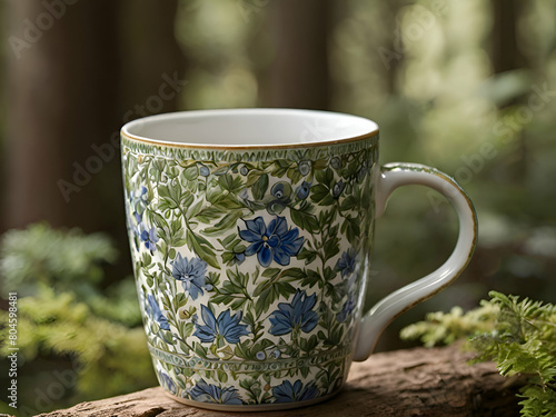 A blue and white coffee mug with a floral pattern on it.