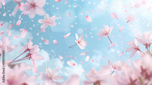 Cherry blossom petals flying in the sky, pink and white cherry blossoms against a blue background, cherry blossom flower wallpaper for spring or summer, banner design with cherry blossoms flying