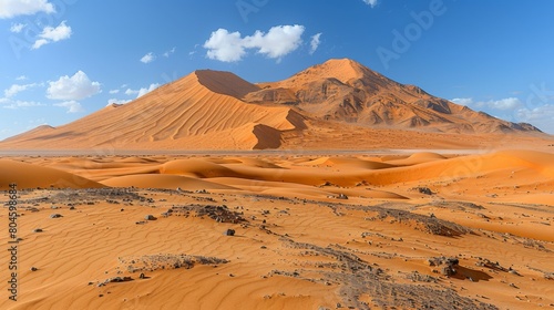 A desert landscape with a large mountain in the background  AI