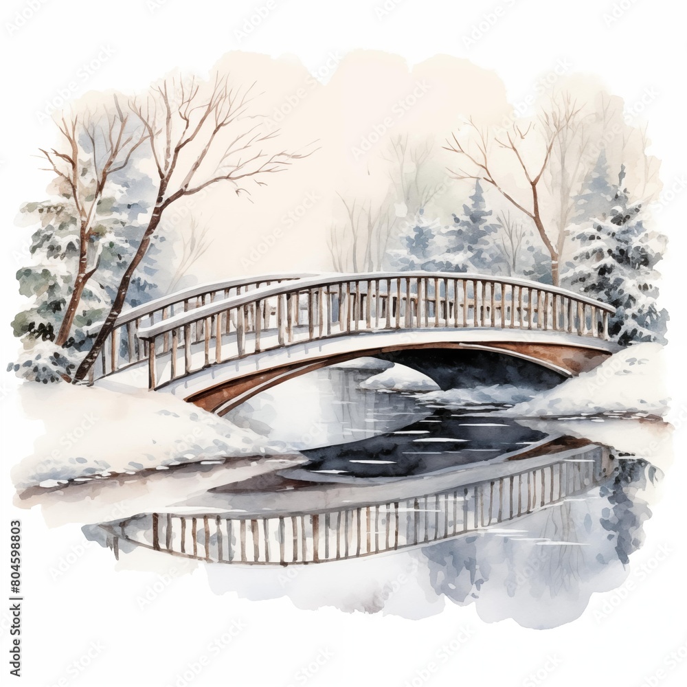 Bridge in winter. Winter bridge clipart. Watercolor illustration. Generative AI. Detailed illustration.