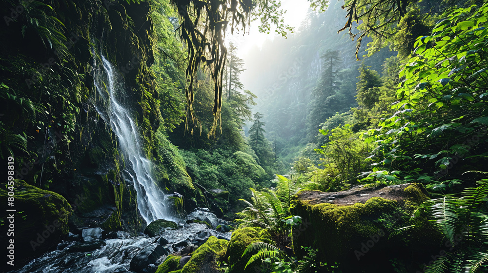 Waterfall In The Middle Of A Tropical Rain Forest Landscape Background Waterfall In The Middle Of A Tropical Rain Forest Landscape Background