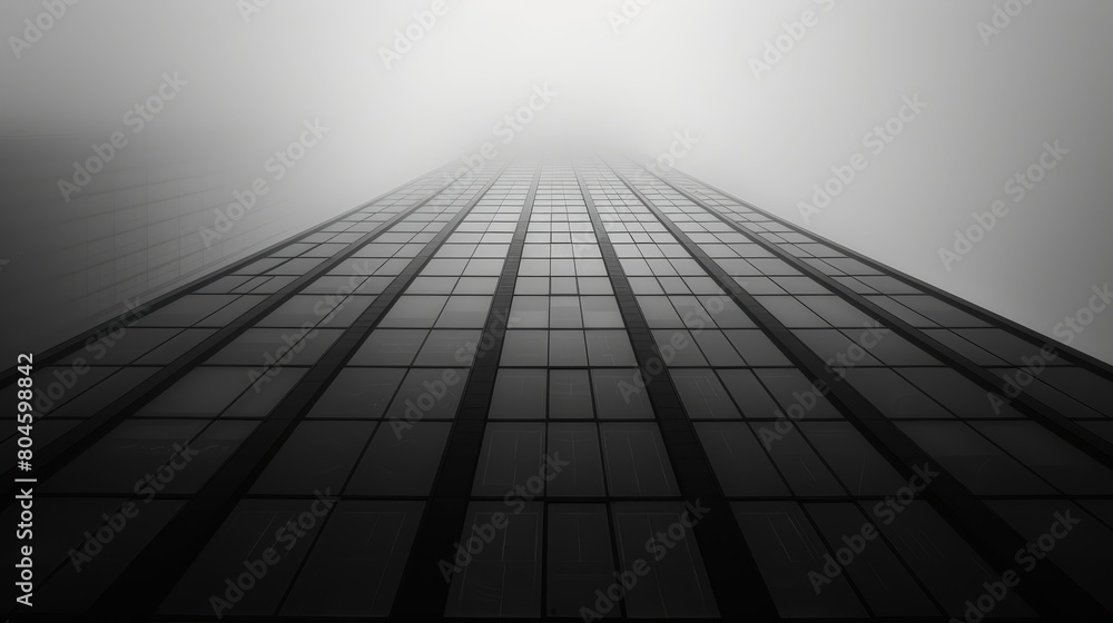 A high-rise building shrouded in fog, windows revealing sun's rays A high-rise building shrouded in fog, windows revealing sun's rays