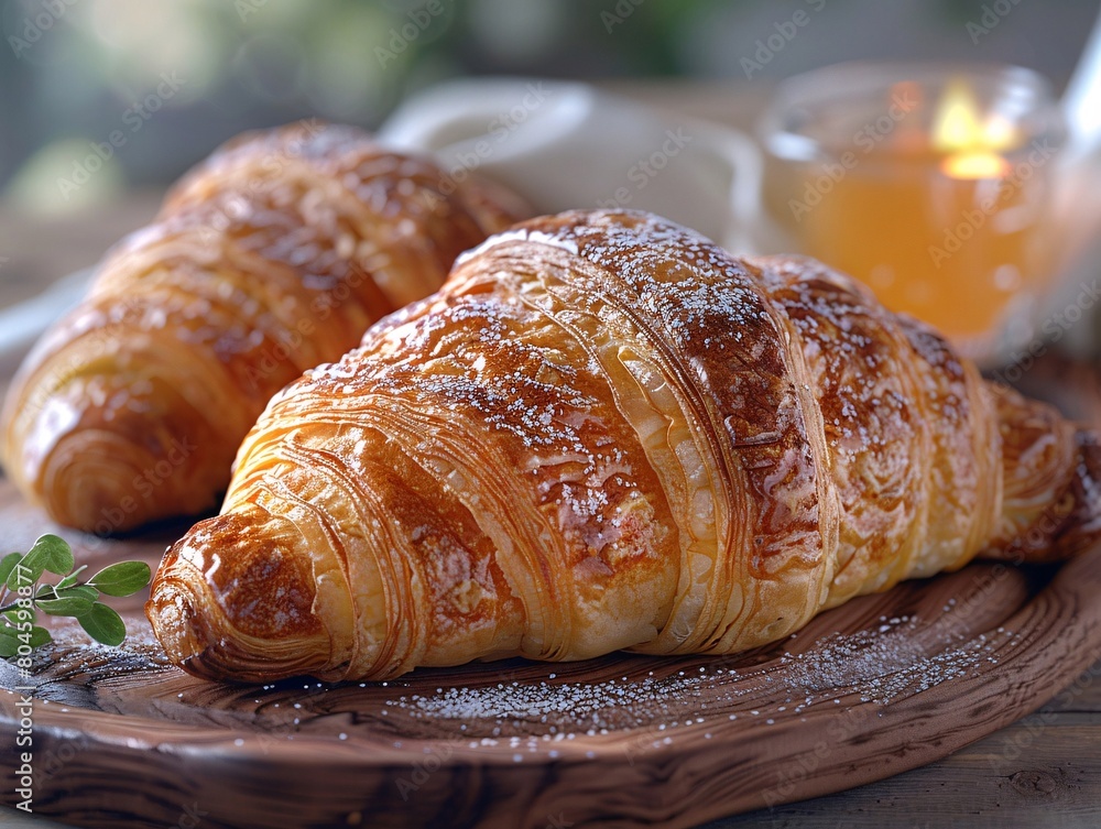 A croissant with powdered sugar on top A croissant with powdered sugar on top