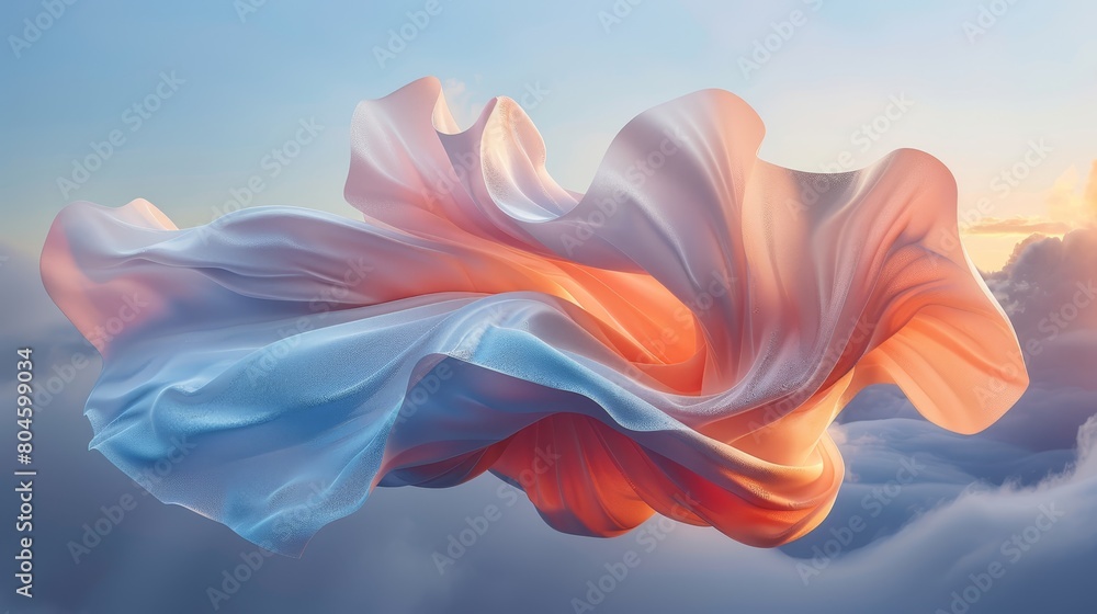 Flowing fabric in the air above clouds, sun shines through behind Flowing fabric in the air above clouds, sun shines through behind