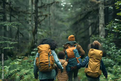 Backview of multiracial family backpacking in the forest, family outdoor activity concept, Generative AI