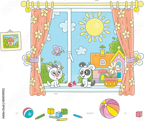 Funny little puppy and kitten in a nursery room with toys talking by a window with curtains and a sunny summer landscape in a background  vector cartoon illustration on white