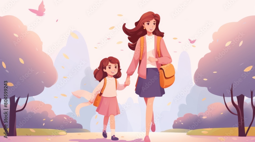 happy family preparing for school. Little girl with mother. Flat design, purple design happy family preparing for school. Little girl with mother. Flat design, purple design