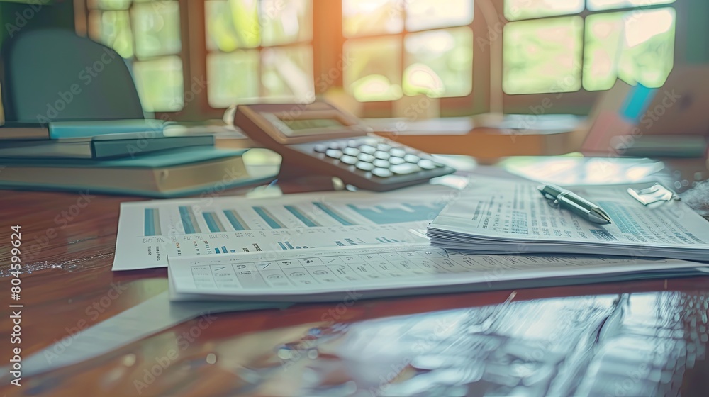 A wooden table with various papers and a calculator scattered on top, showcasing a scene of financial work or accounting tasks. Generative AI A wooden table with various papers and a calculator scattered on top, showcasing a scene of financial work or accounting tasks. Generative AI