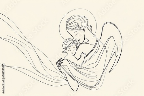 A touching illustration of an angel cradling a baby. Perfect for religious or family-themed designs
