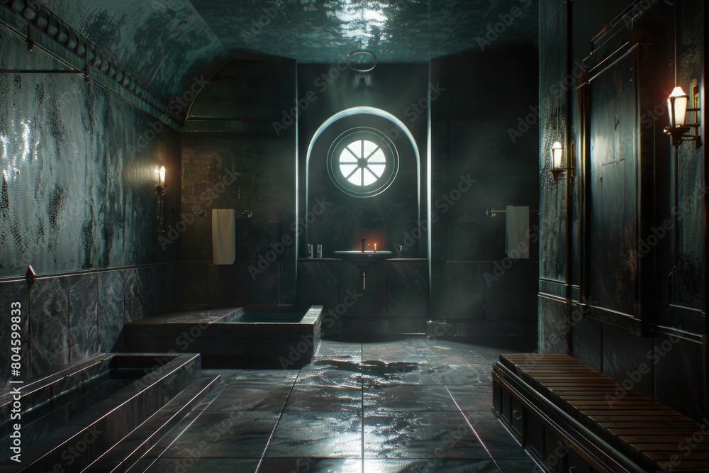 Fototapeta premium Dimly lit bathroom with round window, suitable for interior design projects