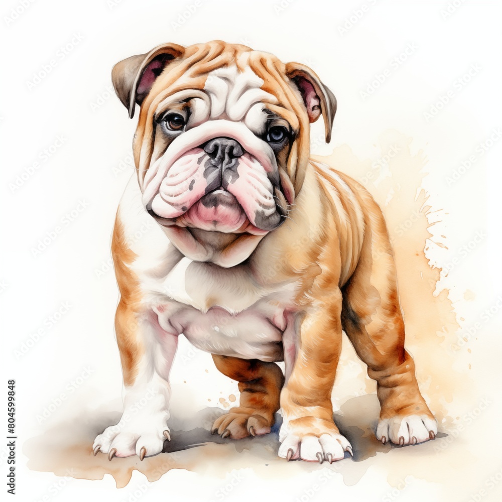 Fototapeta premium Bulldog. English bulldog. Puppy dog. British bulldog clipart. Watercolor illustration. Generative AI. Detailed illustration.
