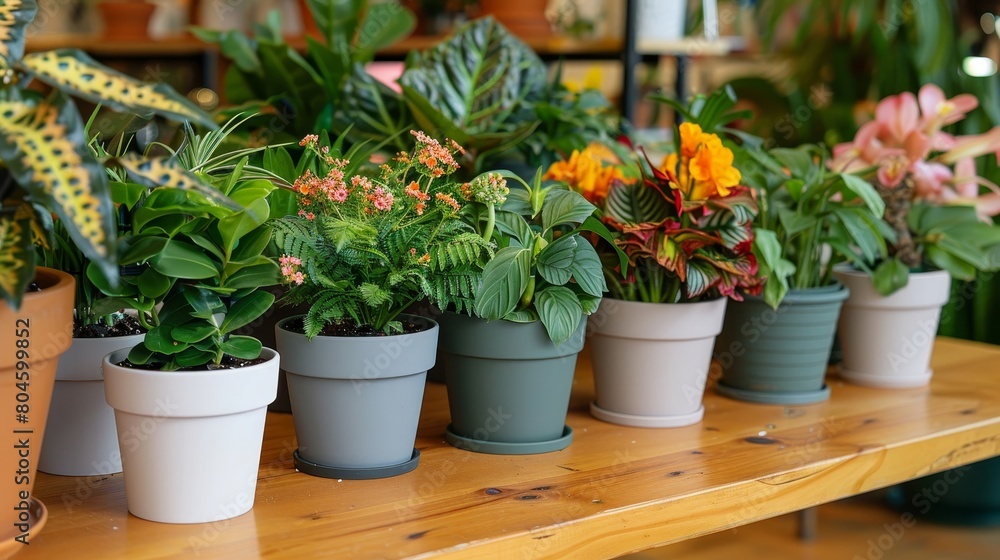 A display of flowerpots and vases with plants on a shelf, showcasing creative art in pottery and beautiful floral arrangements A display of flowerpots and vases with plants on a shelf, showcasing creative art in pottery and beautiful floral arrangements
