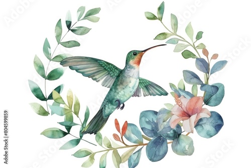 A watercolor painting of a hummingbird in flight. Perfect for nature-themed designs